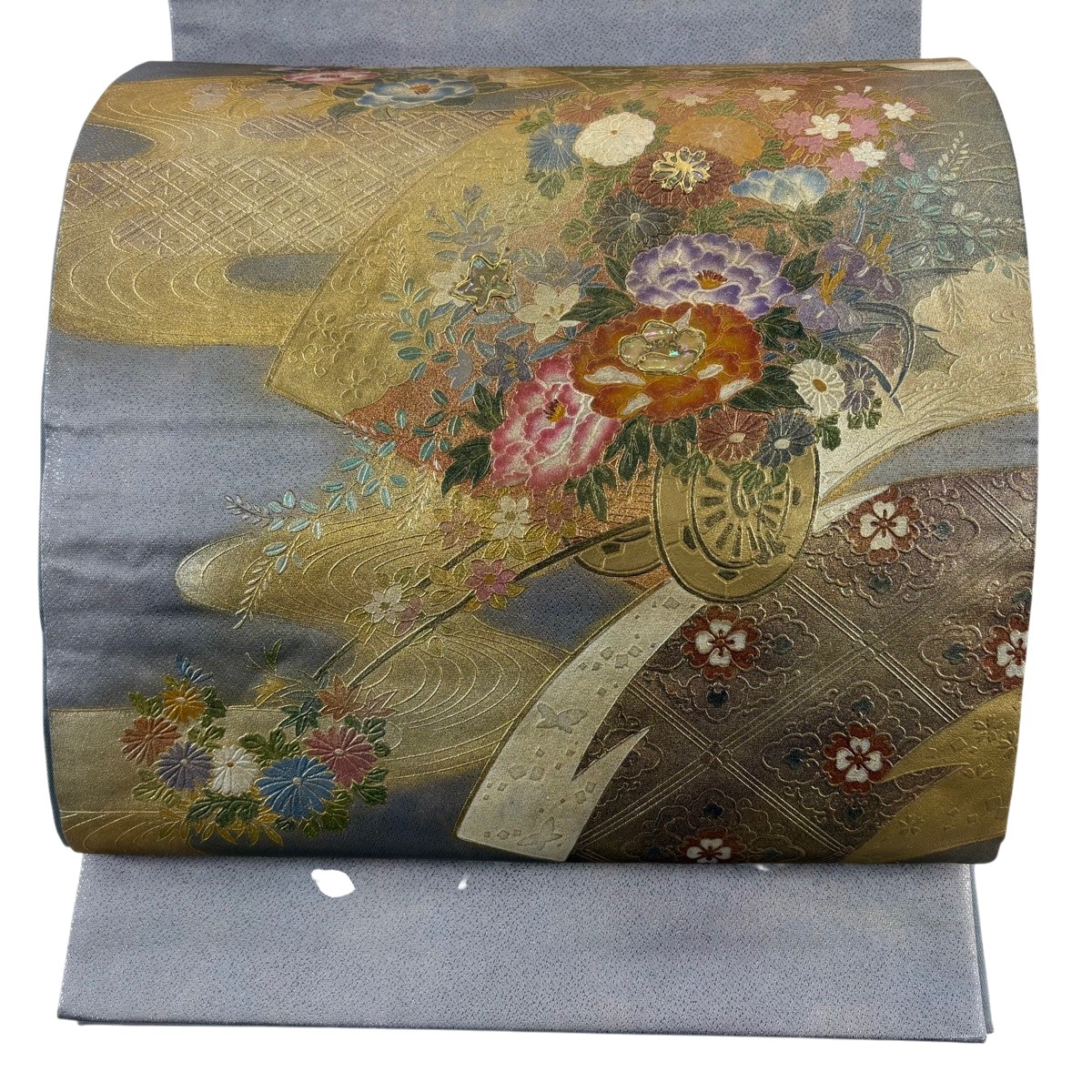 袋帯 秀品 花車 扇面 螺鈿 金銀彩 灰色 お太鼓柄 正絹 【中古】
