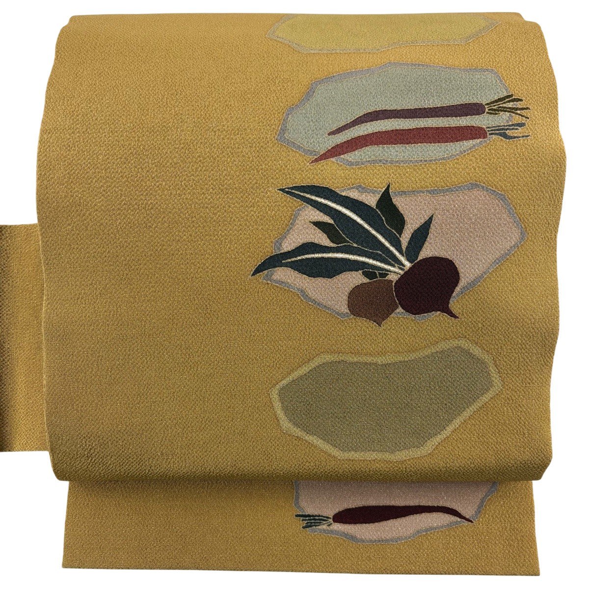 【美品】 名古屋帯 秀品 蕪 野菜 縮緬 黄土色 正絹 【中古】 msp50