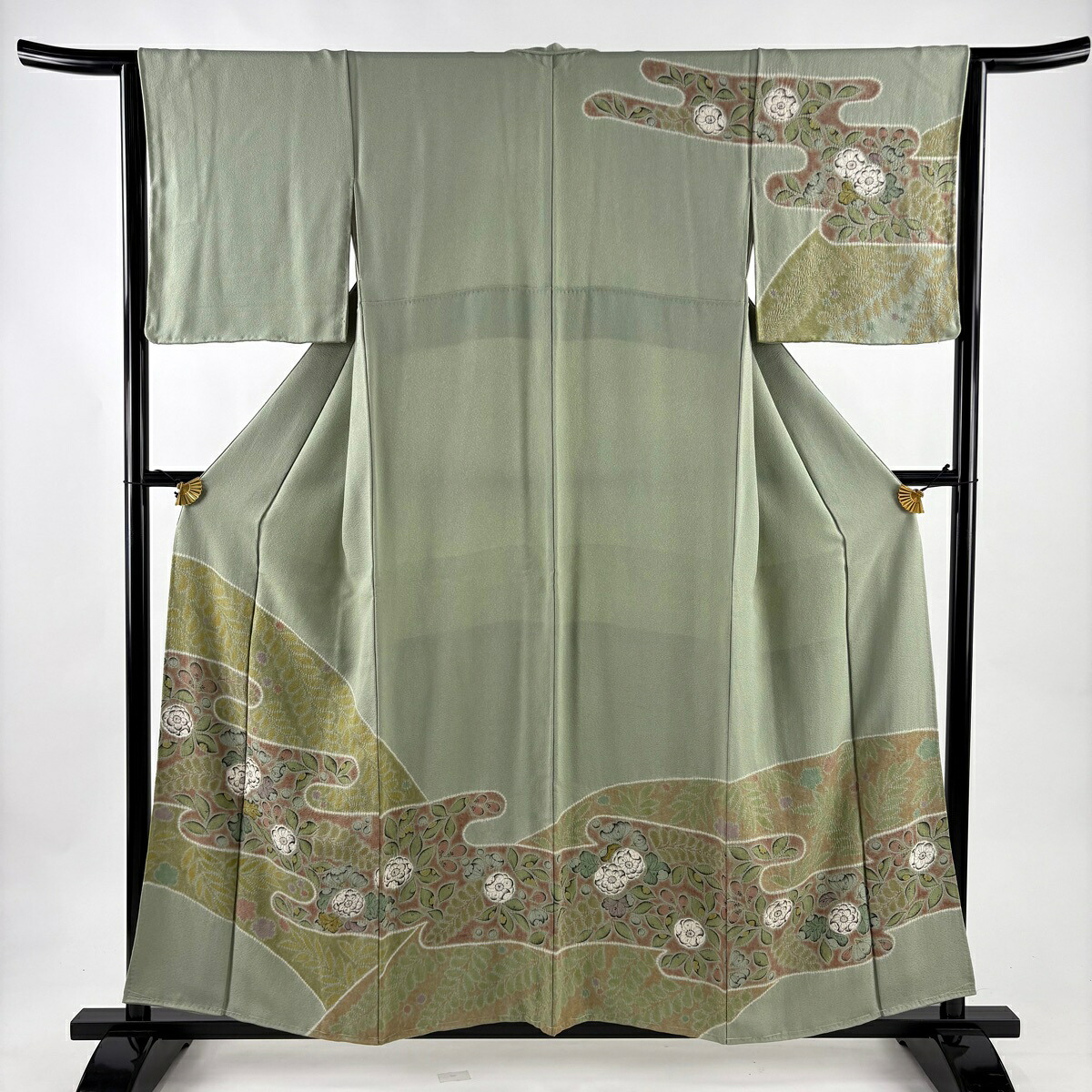 訪問着 身丈158cm 裄丈64cm M 袷 辻ヶ花柄 ヱ霞 絞り 薄緑 正絹 名品 【中古】