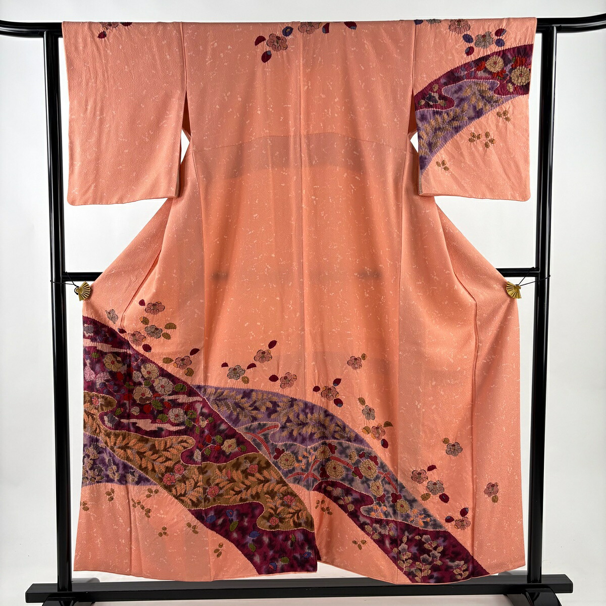 訪問着 身丈153.5cm 裄丈62.5cm S 袷 辻が花 霞 サーモンピンク 正絹 名品 【中古】