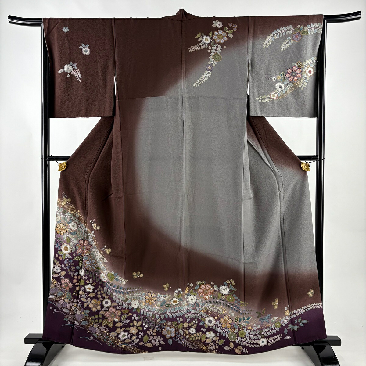 訪問着 身丈161cm 裄丈65.5cm M 袷 辻が花柄 金彩 ぼかし 茶紫 正絹 名品 【中古】