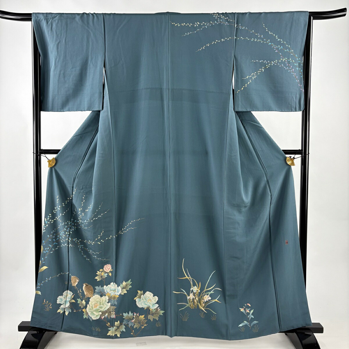訪問着 身丈161cm 裄丈65.5cm M 袷 落款あり 牡丹 鳥 青灰色 正絹 名品 【中古】 msp50