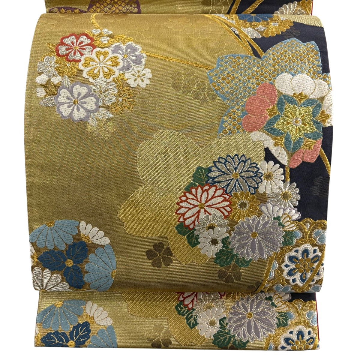 袋帯 秀品 桜 花丸文 金銀糸 箔 濃紫 六通 正絹 【中古】