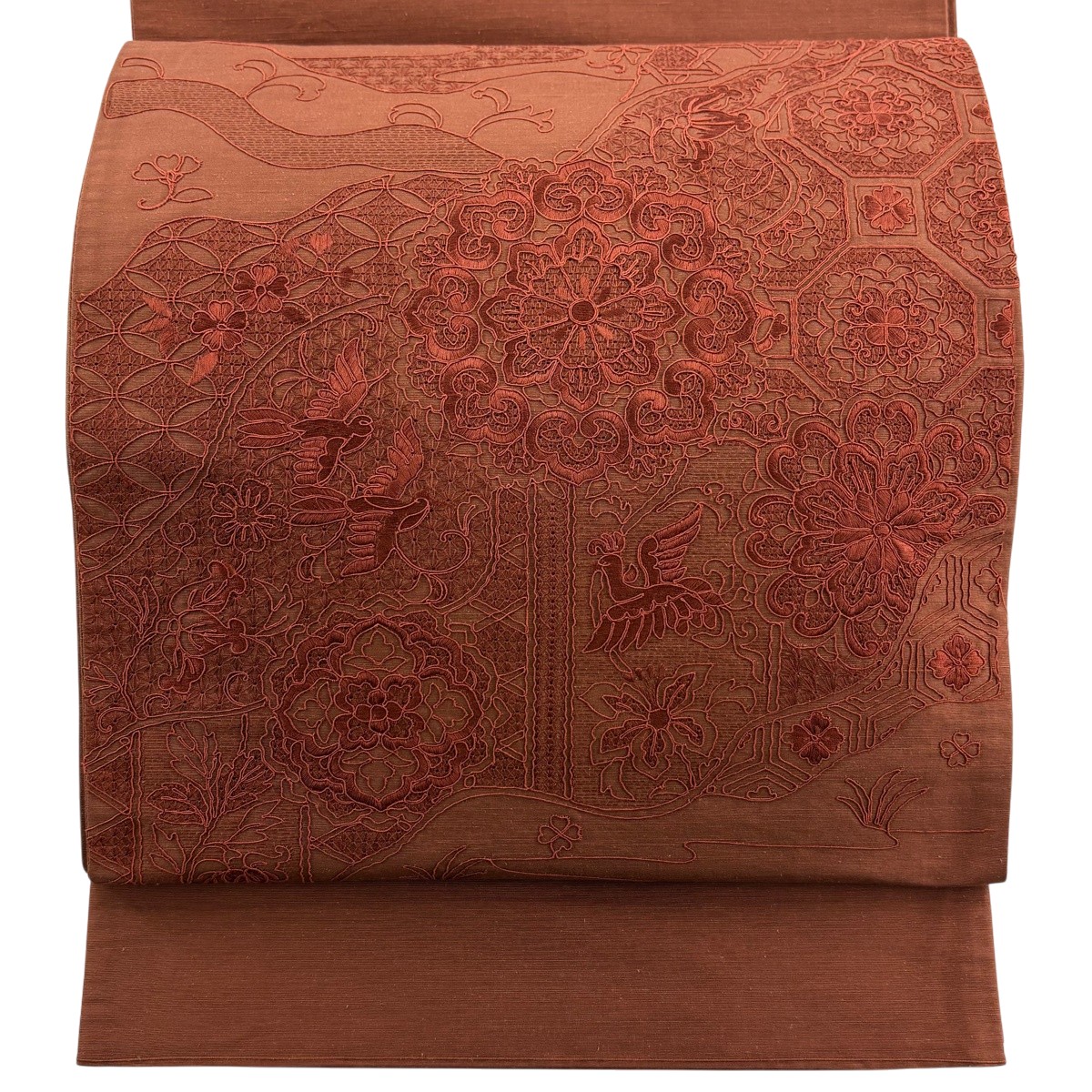 袋帯 秀品 華文 有職文様 刺繍 赤茶 お太鼓柄 正絹 【中古】