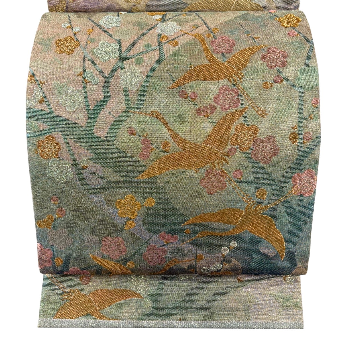 【美品】 袋帯 逸品 佐波理 落款あり 鶴 枝梅 箔 金糸 緑 六通 正絹 【中古】