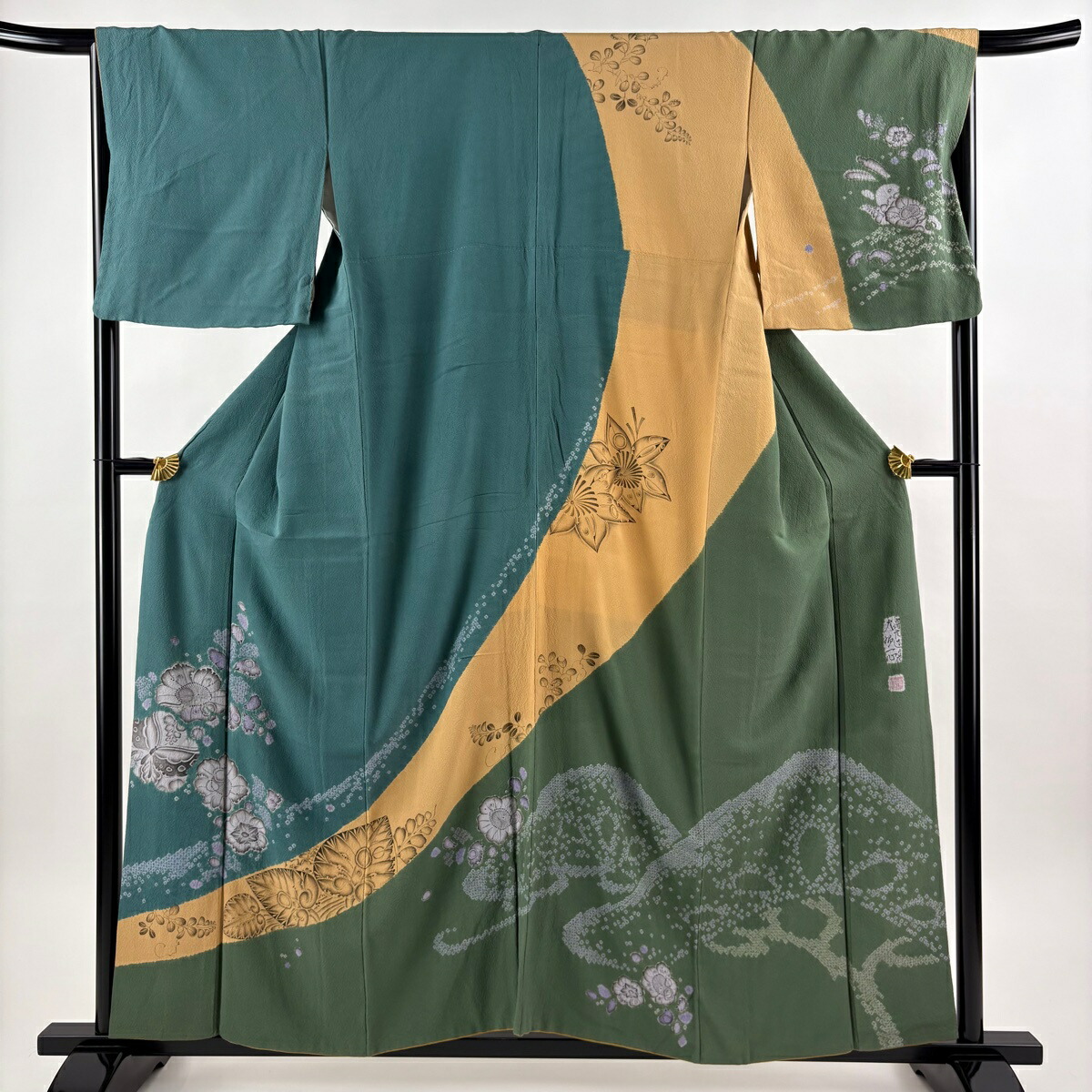 訪問着 身丈152.5cm 裄丈68cm L 袷 大脇一心 落款あり 辻が花 青緑 正絹 逸品 【中古】