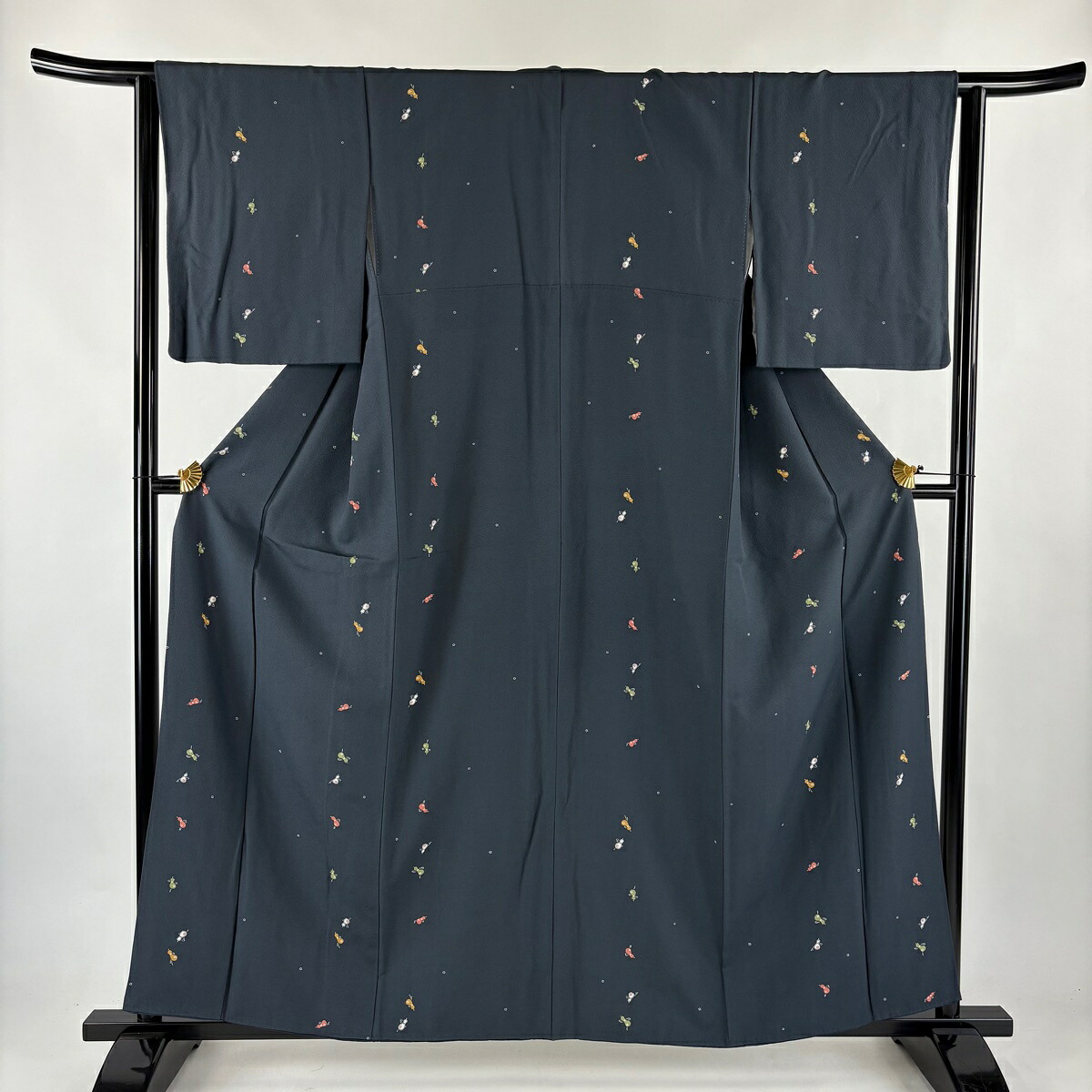 【美品】 小紋 身丈159cm 裄丈63.5cm S 袷 ひょうたん 小花 青黒 正絹 秀品 【中古】