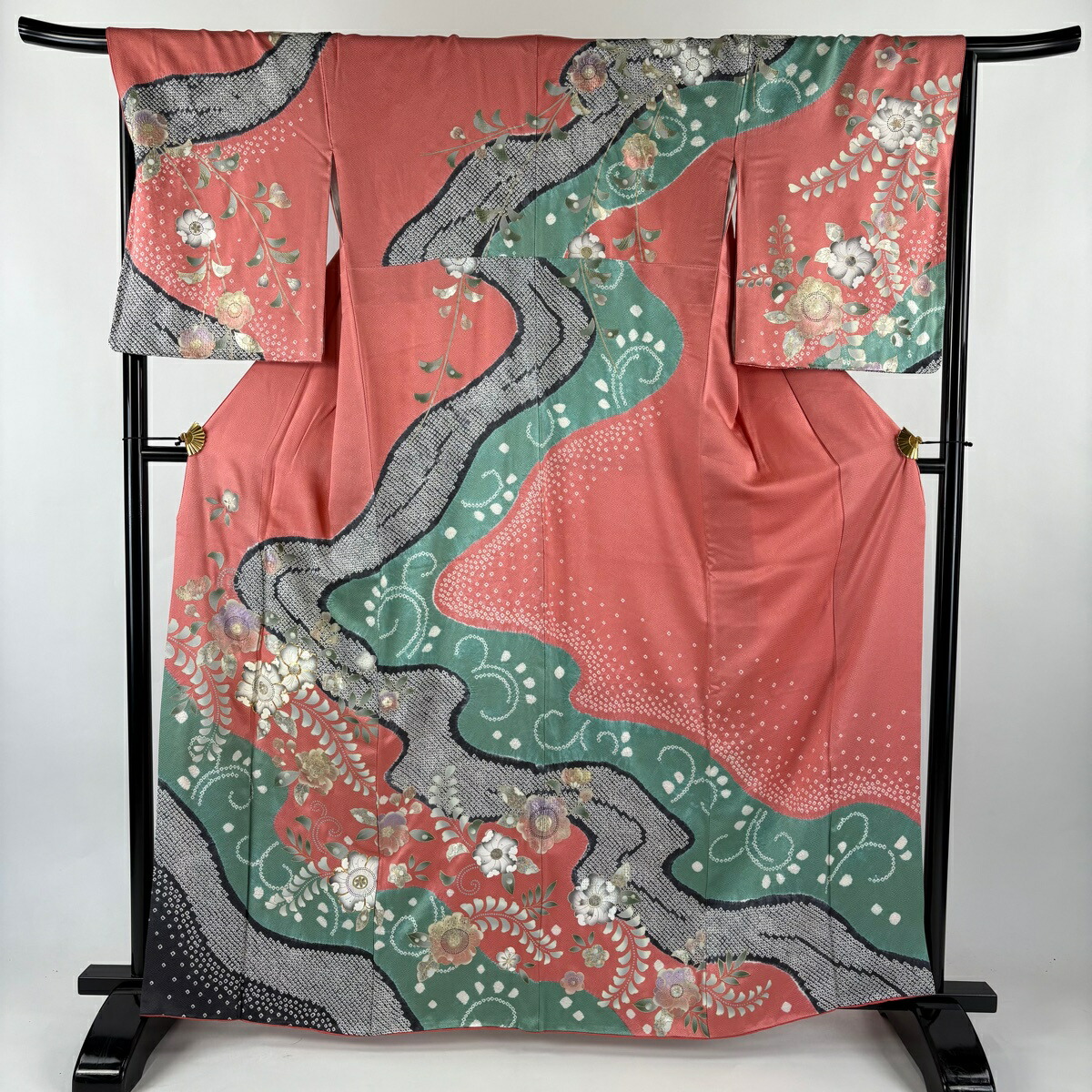 訪問着 身丈163.5cm 裄丈67cm M 袷 辻ヶ花柄 唐草 金糸 金銀彩 サーモンピンク 正絹 秀品 【中古】
