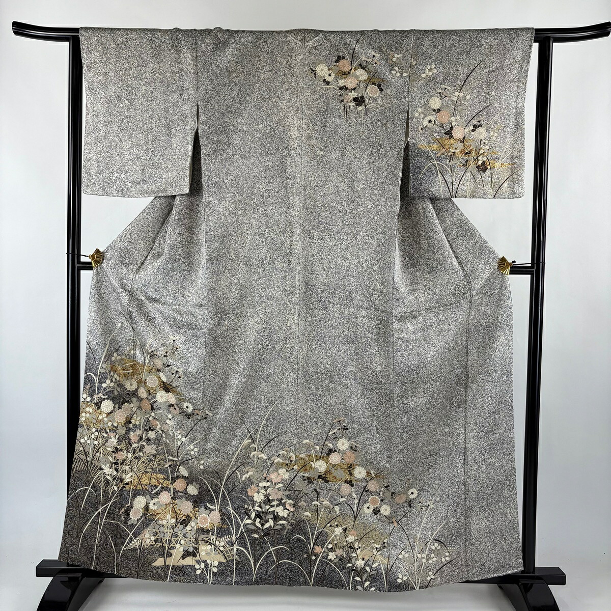 訪問着 身丈161cm 裄丈63cm S 袷 秋草 ヱ霞 金彩 ぼかし 黒灰 正絹 秀品 【中古】