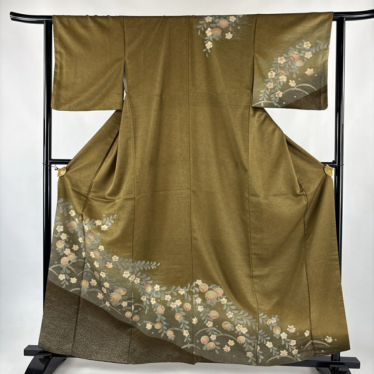 訪問着 身丈160.5cm 裄丈62cm S 袷 菊 草花 金銀彩 茶緑色 正絹 秀品 【中古】