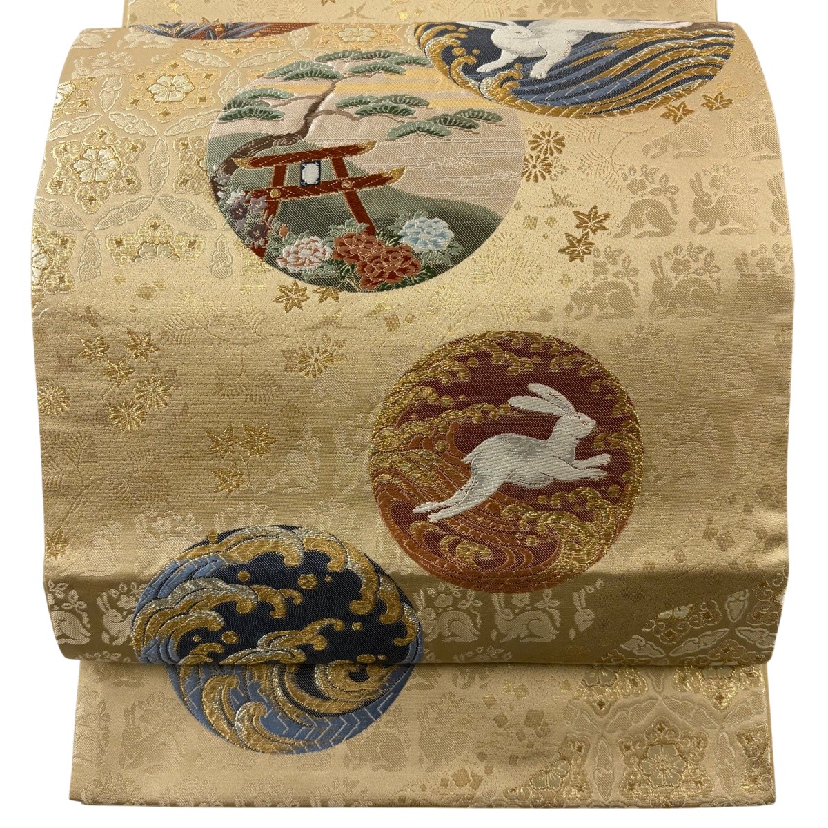 袋帯 名品 竹生島 吉祥絵暦 うさぎ 波 唐織 金銀糸 ベージュ 六通 正絹 【中古】
