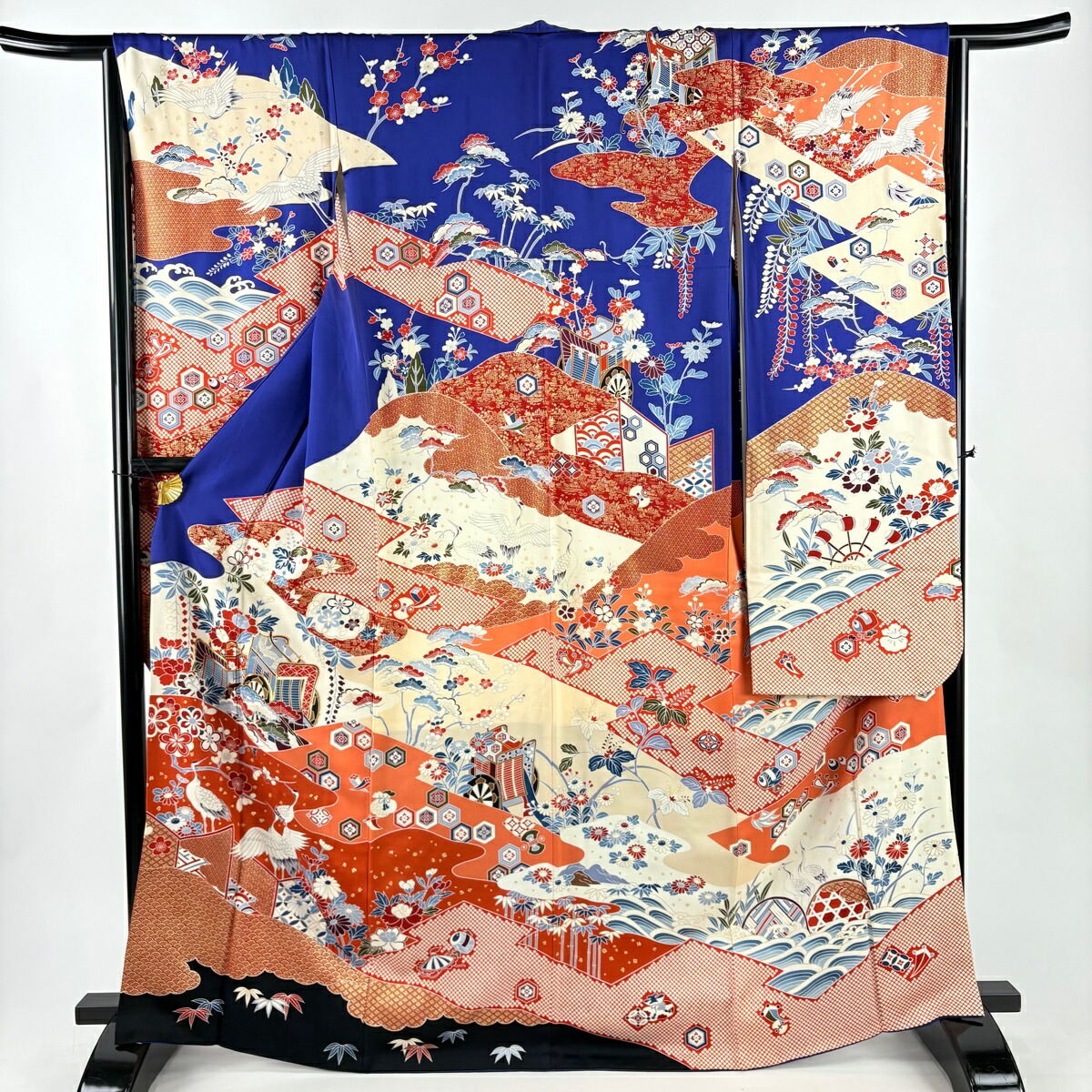 振袖 身丈167cm 裄丈65.5cm M 袷 御所車 松竹梅 金糸 金彩 青紫 正絹 秀品 【中古】