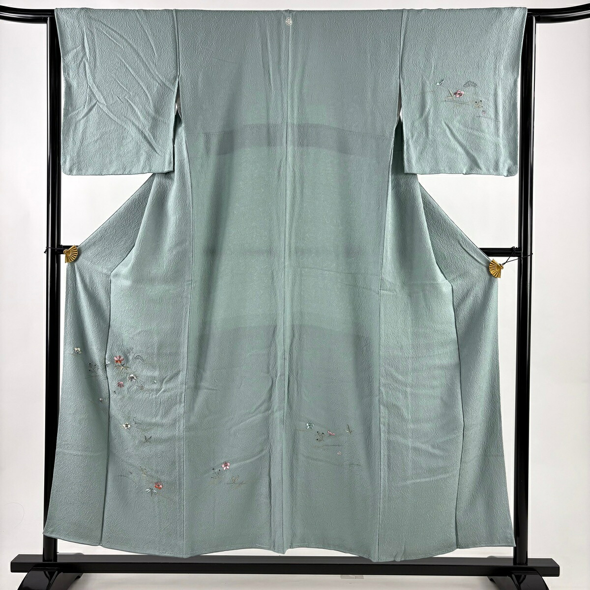 【美品】 付下げ 身丈155cm 裄丈63.5cm S 袷 松竹梅 地紋 金銀糸 ラメ糸 灰緑 正絹 秀品 一つ紋 【中古】