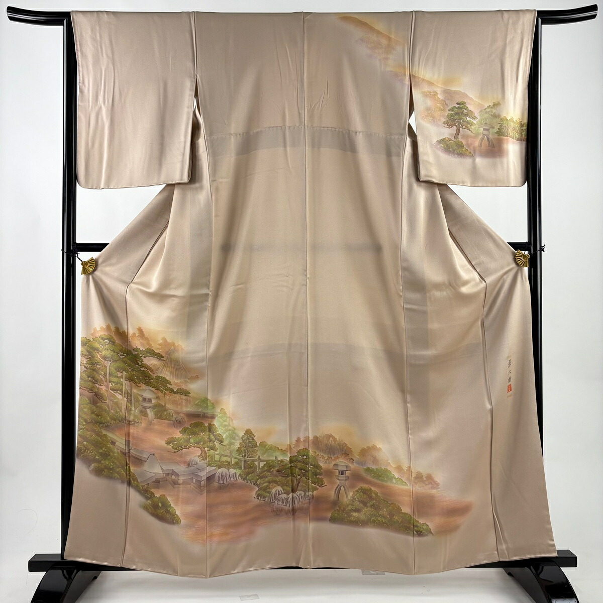 訪問着 身丈161.5cm 裄丈65cm M 袷 落款あり 兼六園 ぼかし ベージュ 正絹 秀品 【中古】