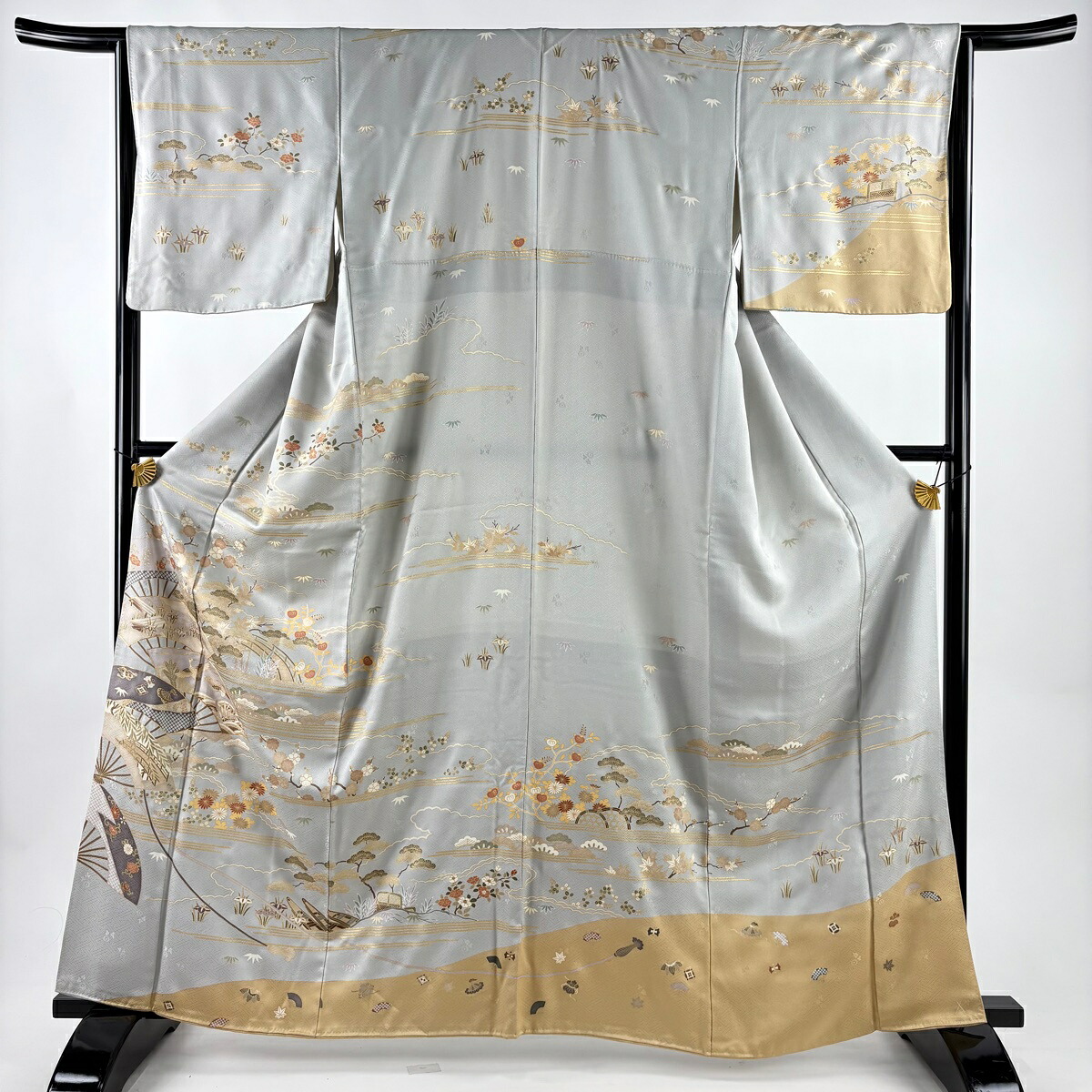 訪問着 身丈163cm 裄丈65cm M 袷 扇 松竹梅 金糸 金彩 灰色 正絹 秀品 【中古】