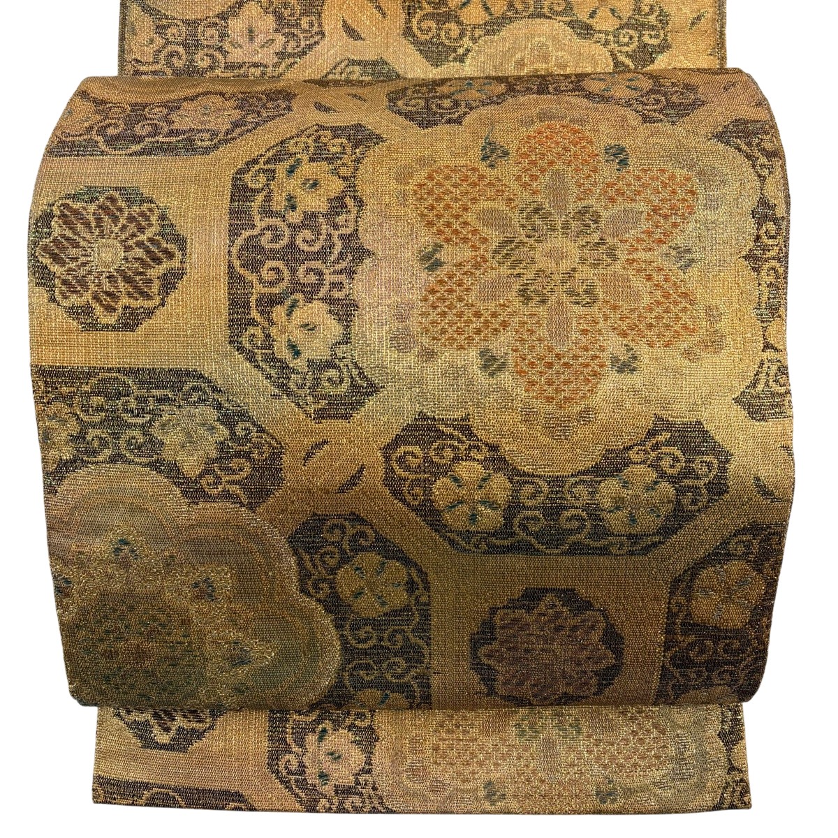 袋帯 名品 吉祥文 華文 蜀江文 金糸 箔 金茶 六通 正絹 【中古】