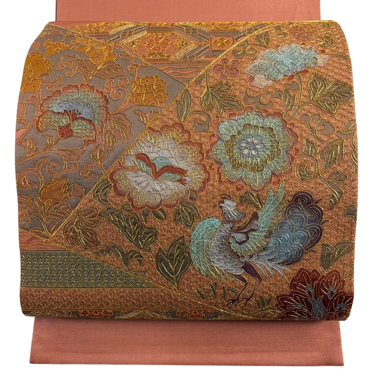 【美品】 袋帯 名品 鳳凰 草花 刺繍 金糸 茜色 お太鼓柄 正絹 【中古】 msp50