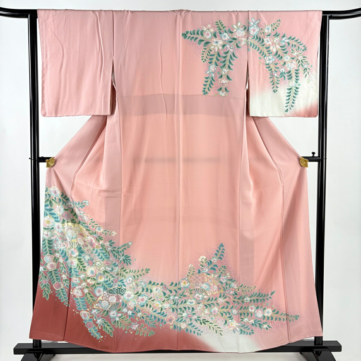 【美品】 訪問着 身丈158.5cm 裄丈64.5cm M 袷 扇面 辻が花 金銀彩 ぼかし ピンク 正絹 名品 【中古】