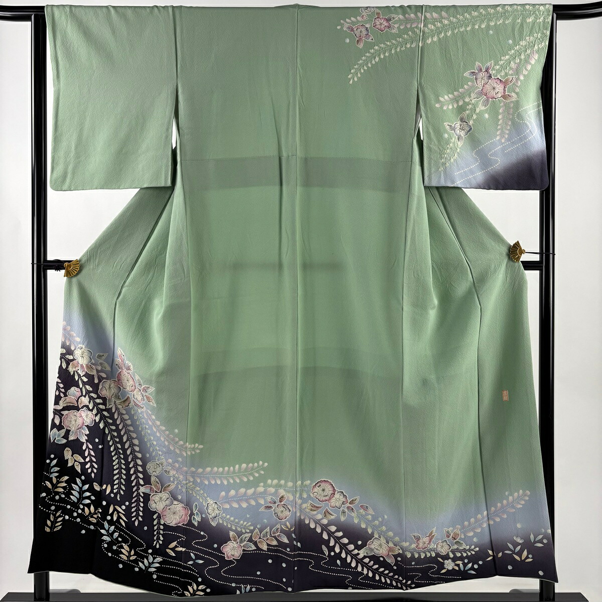 訪問着 身丈155cm 裄丈64cm M 袷 虎越 落款あり 辻が花 流水 染め分け ぼかし 薄緑 正絹 名品 【中古】