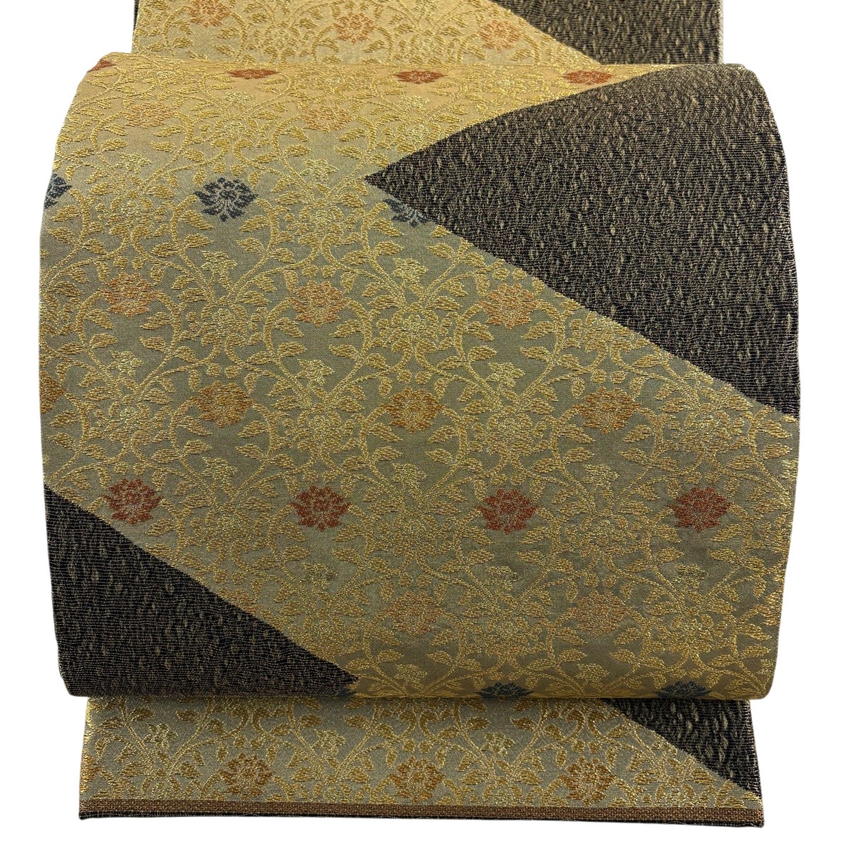 【美品】 袋帯 逸品 紋屋井関 落款あり 花唐草 金糸 御寮織 墨色 六通 正絹 【中古】