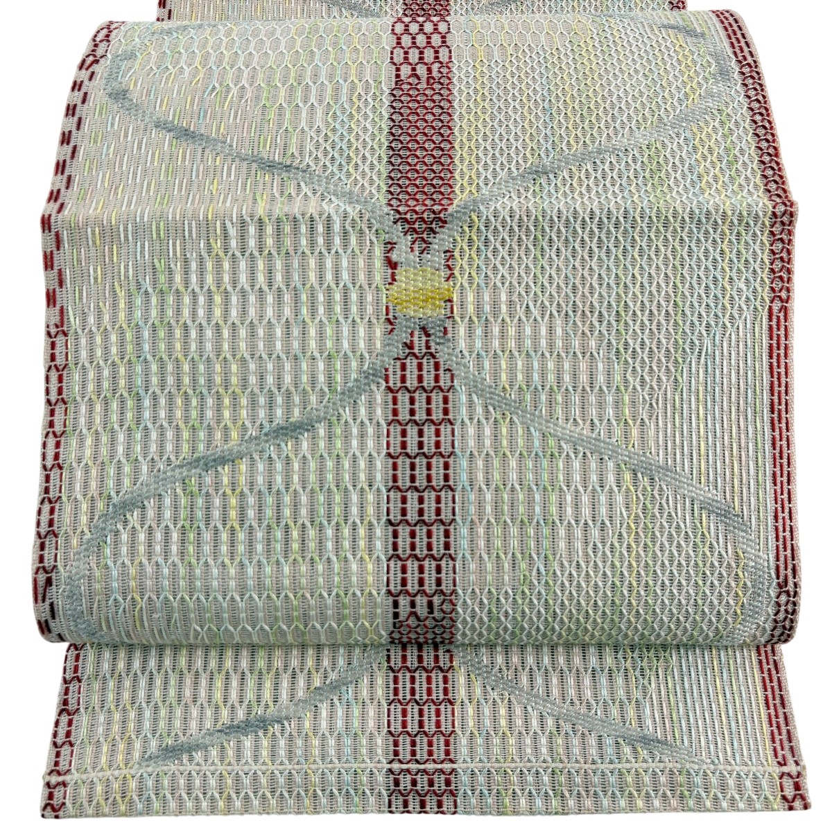名古屋帯 秀品 夏帯 八寸名古屋帯 松葉仕立て トンネル仕立て 幾何学模様 サーモンピンク 正絹 【中古】 msp50