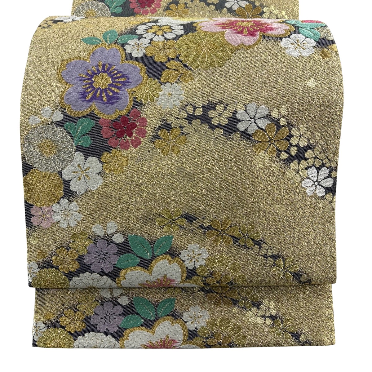 袋帯 秀品 振袖向き 桜 菊 金銀糸 箔 金色 六通 正絹 【中古】