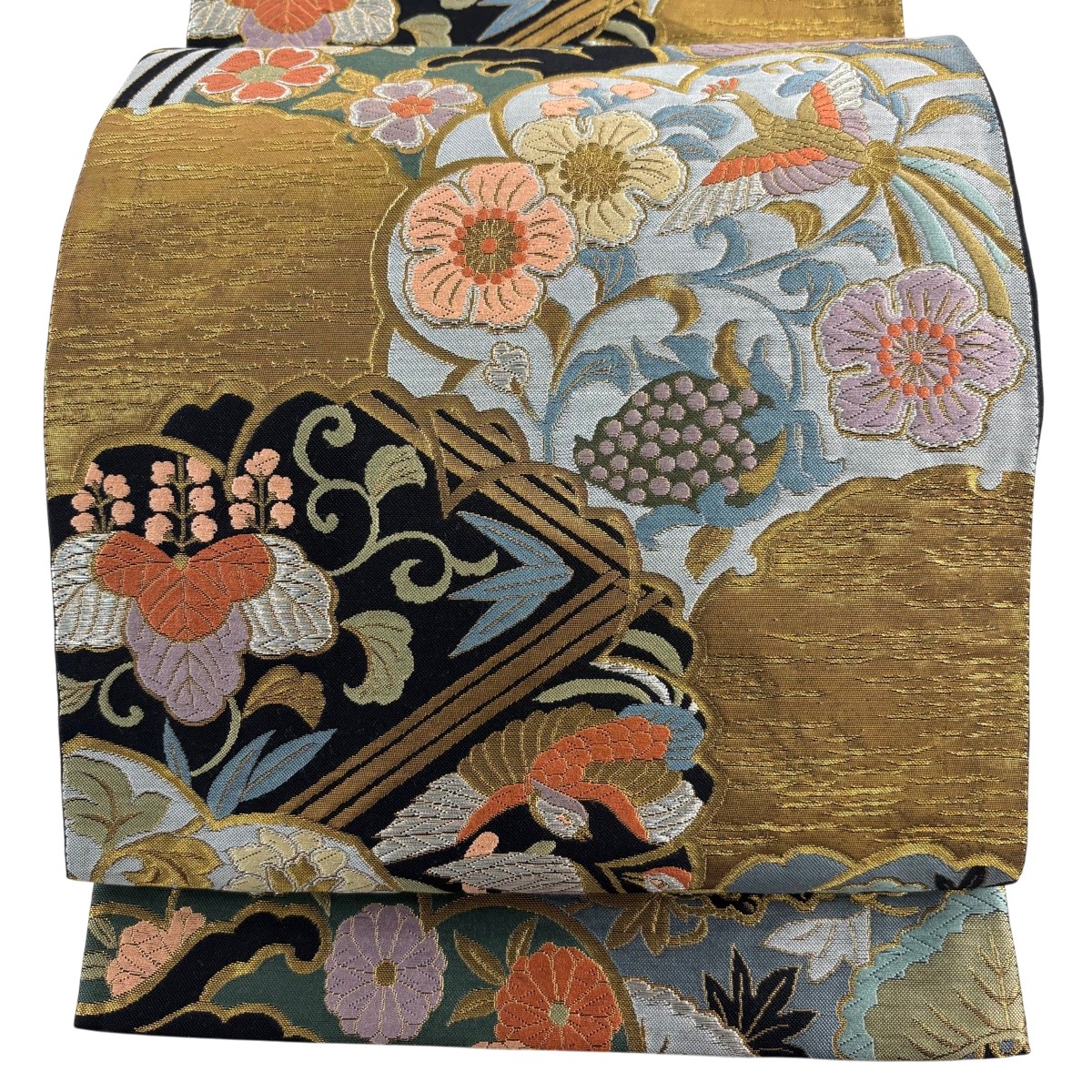 袋帯 名品 花唐草 鳥 金銀糸 唐織 黒 六通 正絹 【中古】