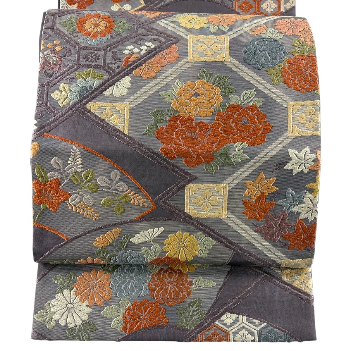 袋帯 名品 草花 有職文様 唐織 箔 紫 六通 正絹 【中古】