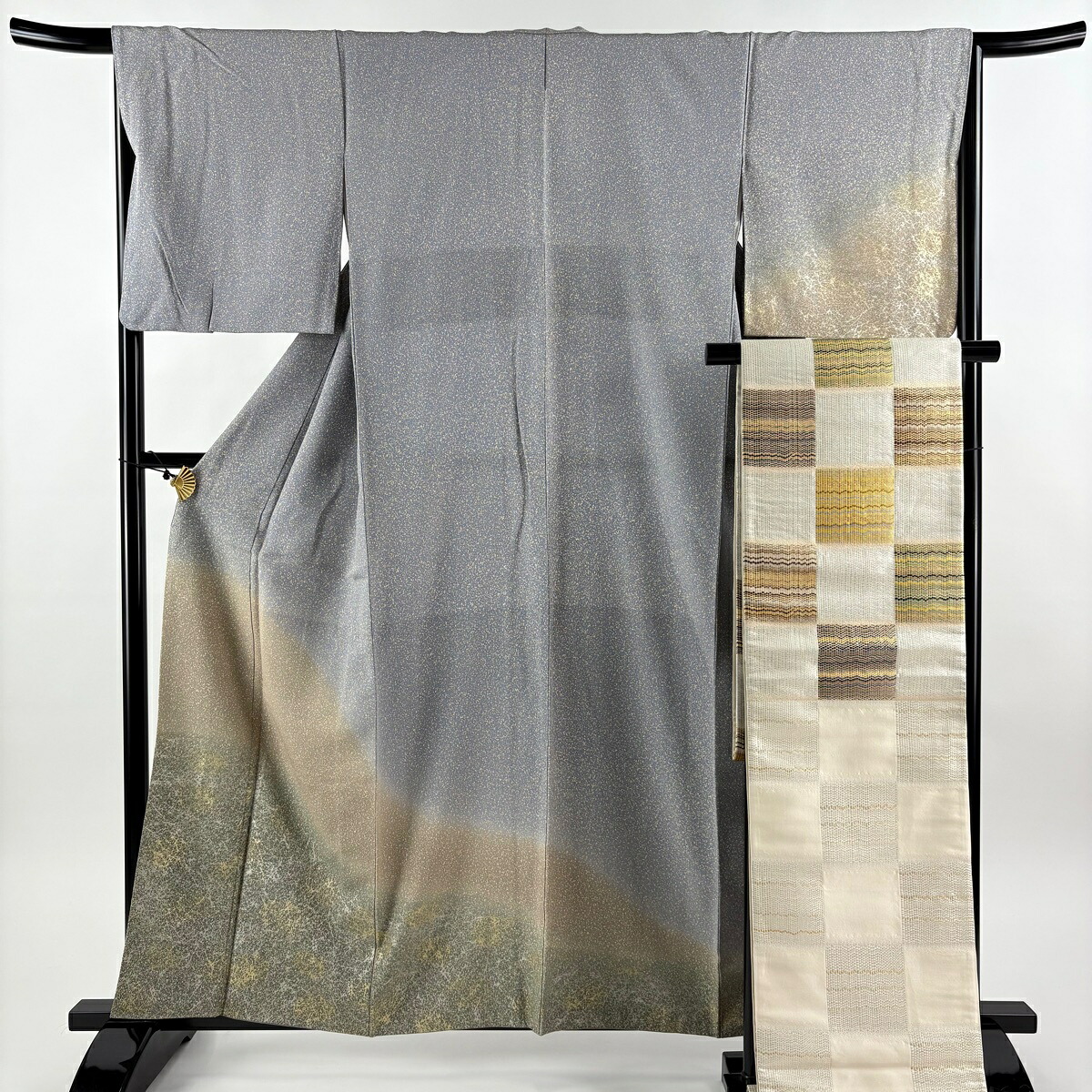 付下げ 身丈158cm 裄丈65.5cm M 袷 袋帯セット 幾何学 染め分け 金銀彩 青灰色 正絹 秀品 【中古】