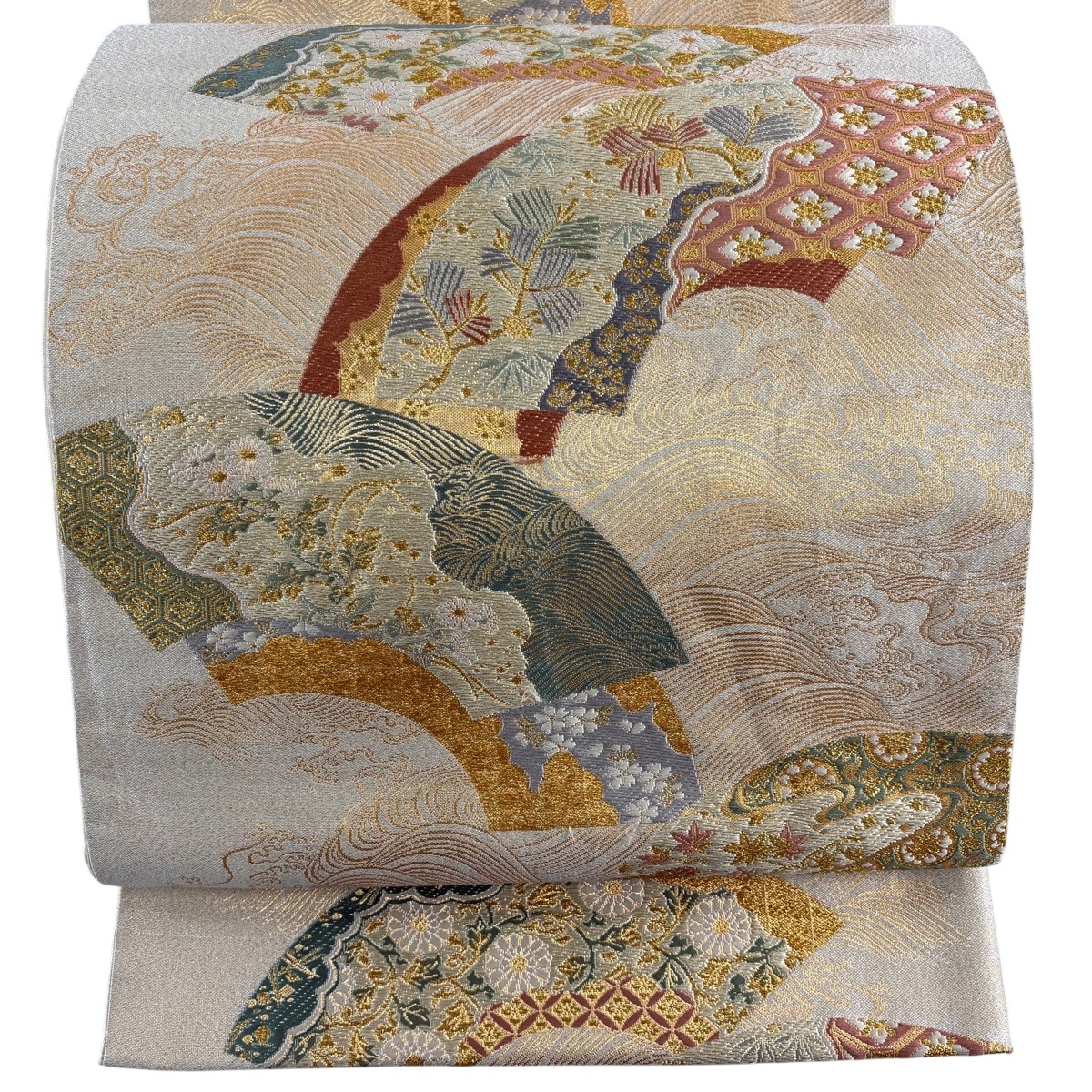 袋帯 秀品 朱雀つづれ 扇面 草花 箔 金糸 ベージュ 六通 正絹 【中古】