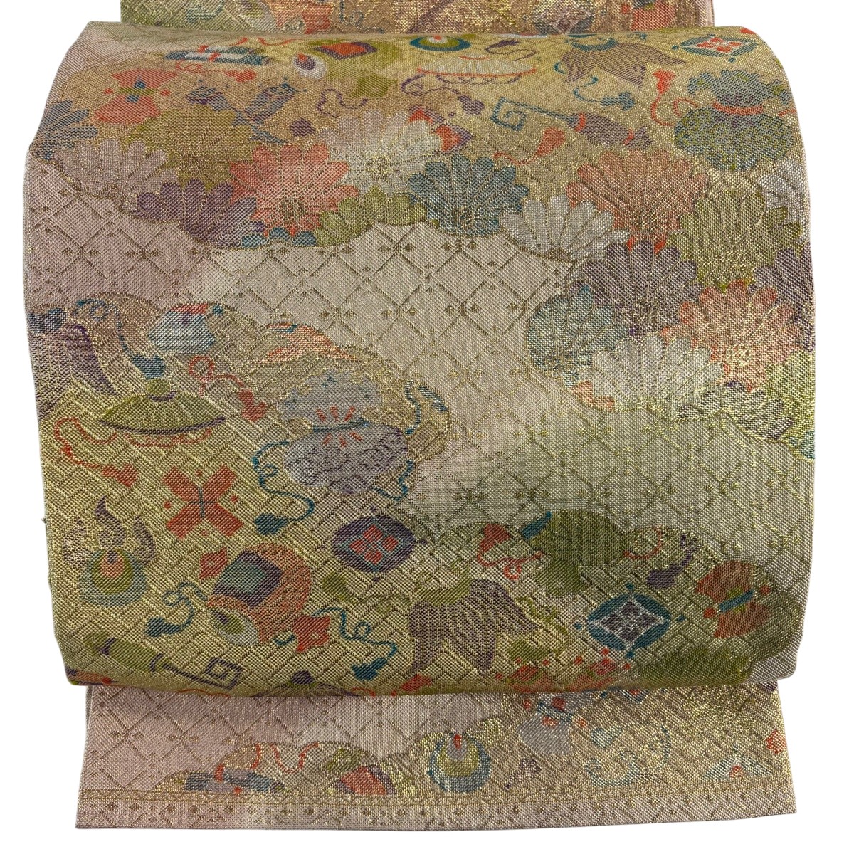 袋帯 秀品 関西仕立て 宝尽くし 菊 箔 金色 六通 正絹 【中古】 5,440円