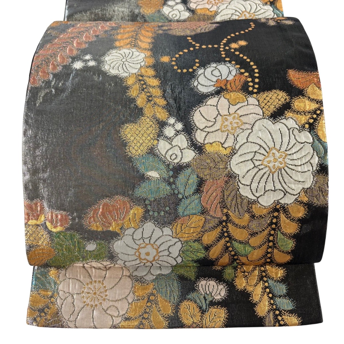 袋帯 秀品 草花 箔 金糸 黒 六通 正絹 【中古】