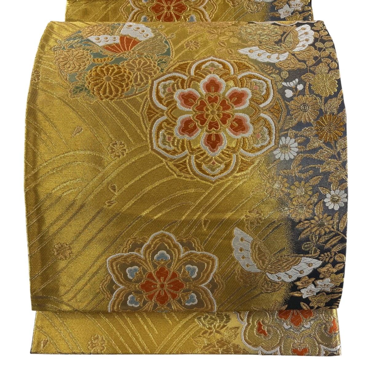 袋帯 秀品 華文 花蝶 刺繍 金糸 金色 六通 正絹 【中古】