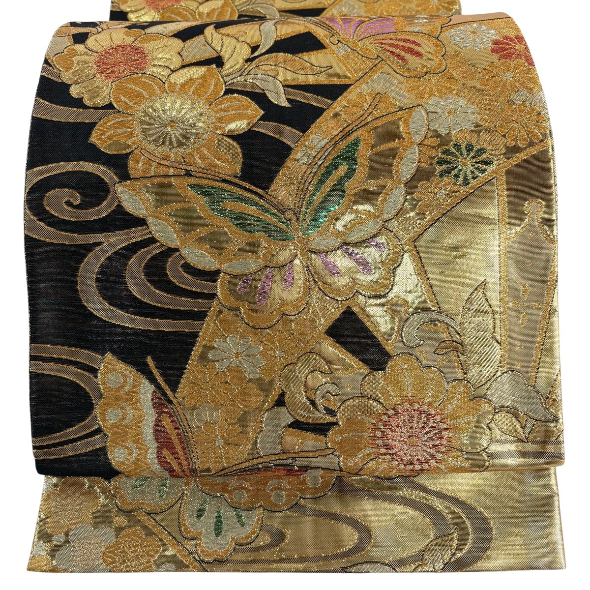 袋帯 秀品 蝶 草花 金銀糸 箔 金色 六通 正絹 【中古】