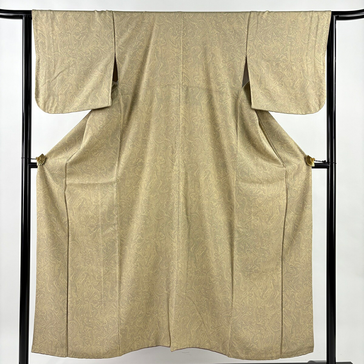 小紋 身丈153.5cm 裄丈64cm M 袷 墨流し ベージュ 正絹 秀品 【中古】