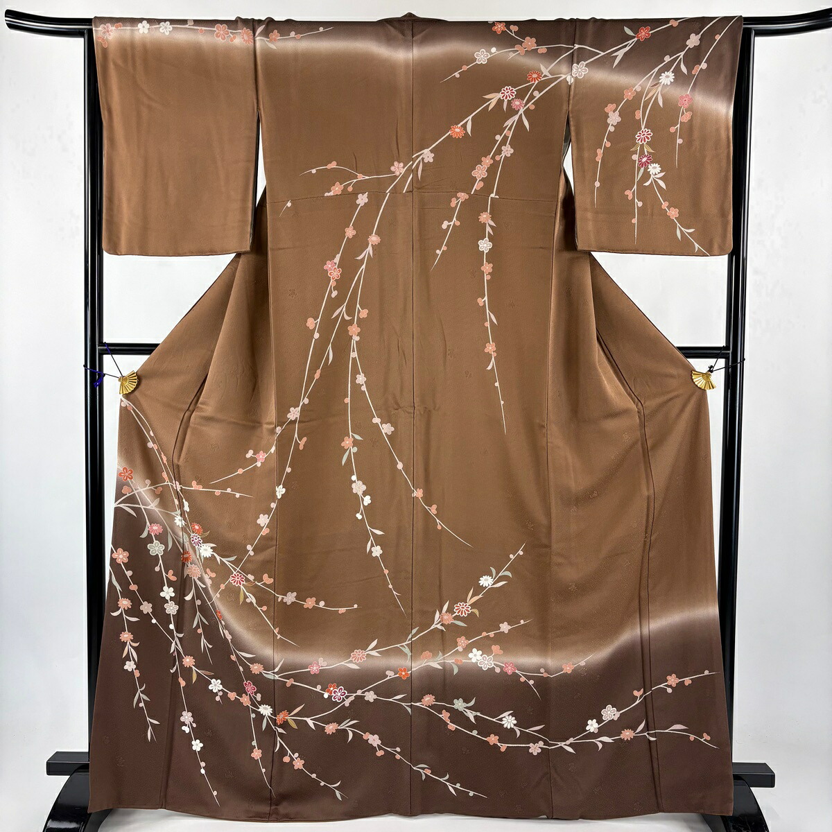 訪問着 身丈167.5cm 裄丈64.5cm M 袷 菊 梅 染め分け ぼかし 茶色 正絹 秀品 【中古】