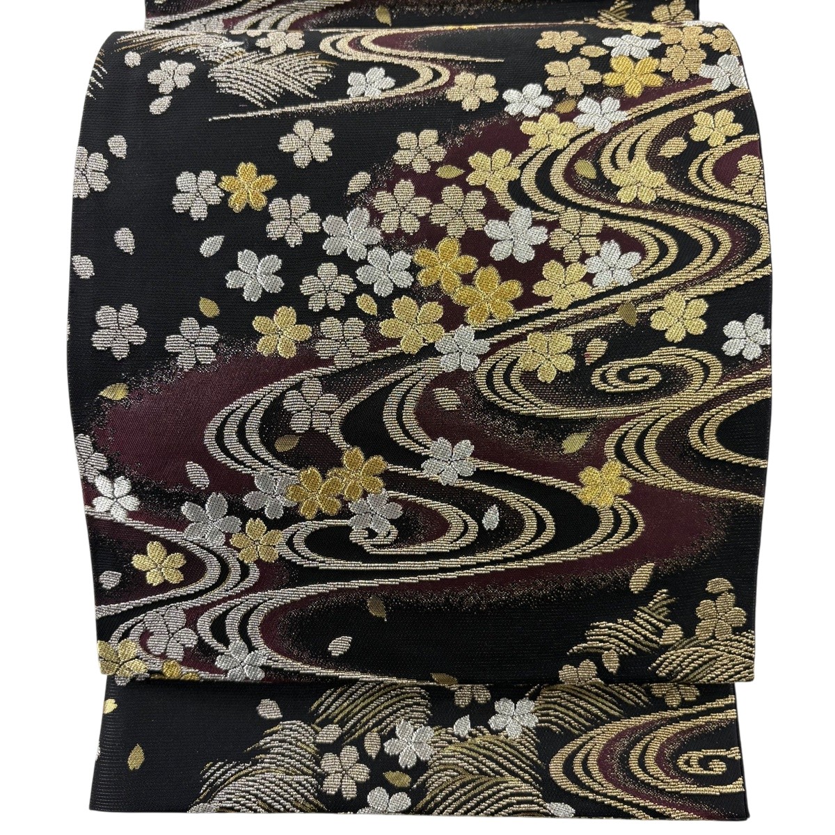 袋帯 名品 桜 流水 金銀糸 箔 黒 六通 正絹 【中古】