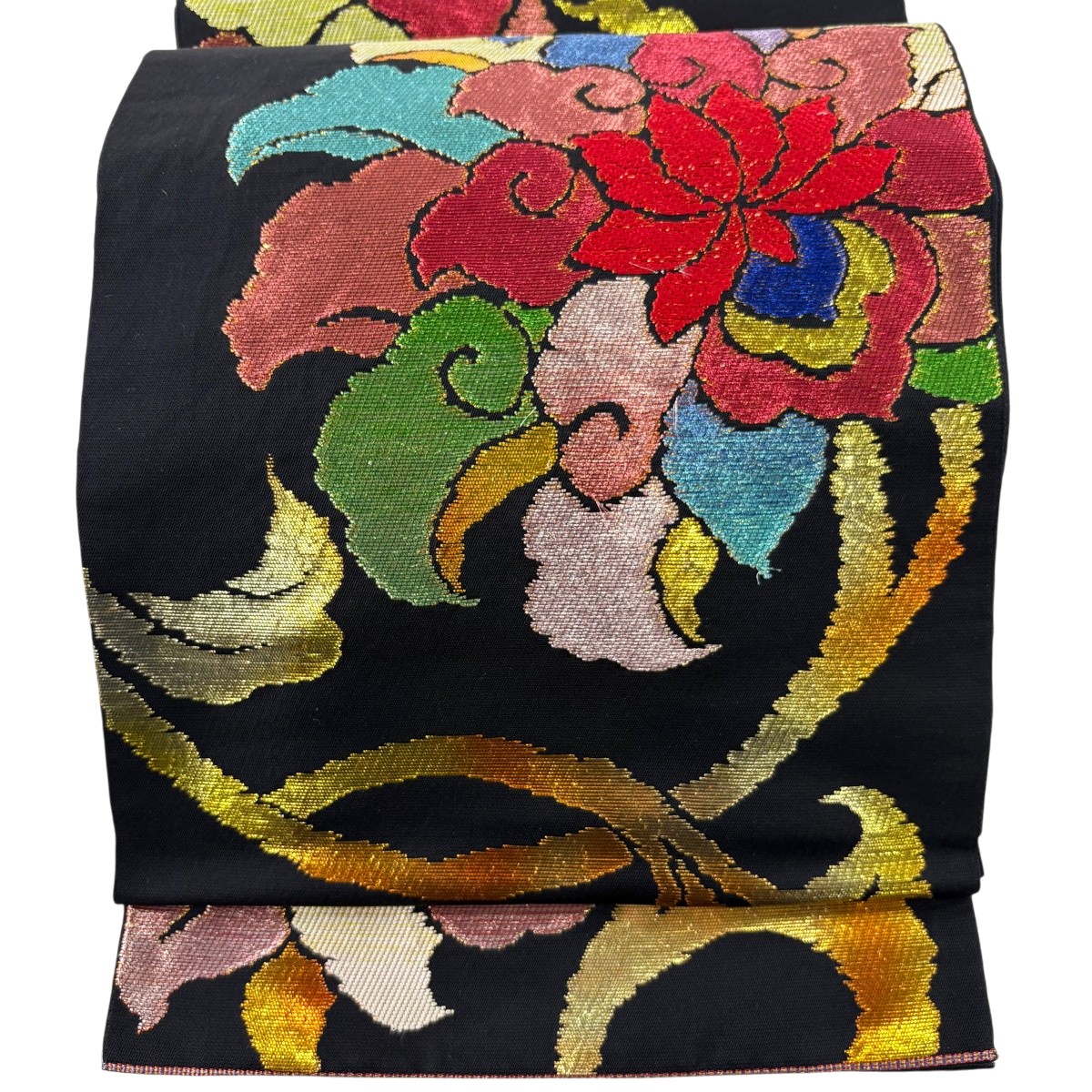 袋帯 名品 関西仕立て 花唐草 箔 黒 六通 正絹 【中古】