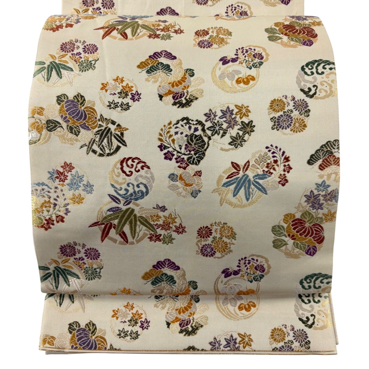 【美品】 袋帯 名品 匠意花丸図 ベージュ 六通 正絹 【中古】 msp50