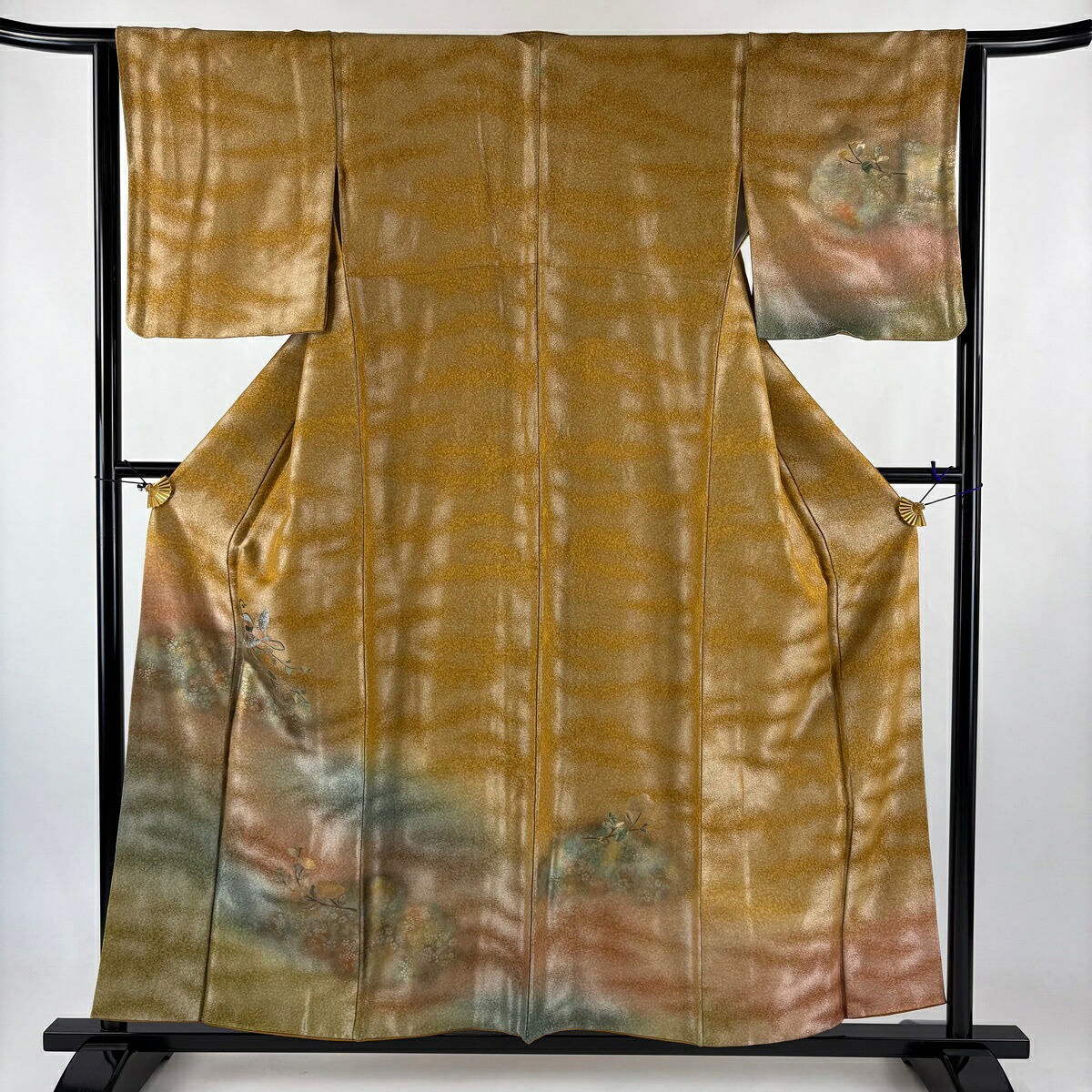 【美品】 付下げ 身丈157cm 裄丈63cm S 袷 花喰い鳥 草花 銀通し 金銀彩 山吹茶色 正絹 名品 一つ紋 【中古】