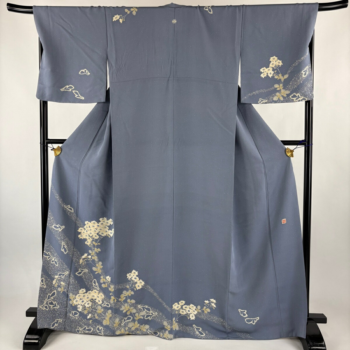 訪問着 身丈169cm 裄丈68.5cm L 袷 落款あり 菊 青灰色 正絹 名品 一つ紋 【中古】 msp50