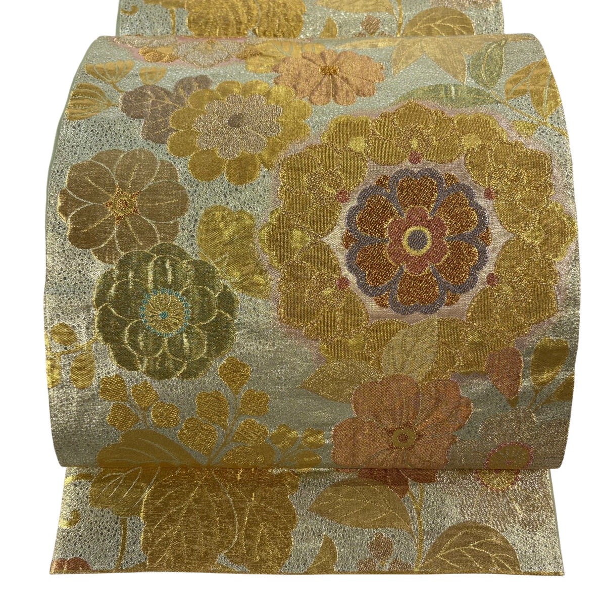 袋帯 秀品 草花 金銀糸 箔 薄緑 六通 正絹 【中古】