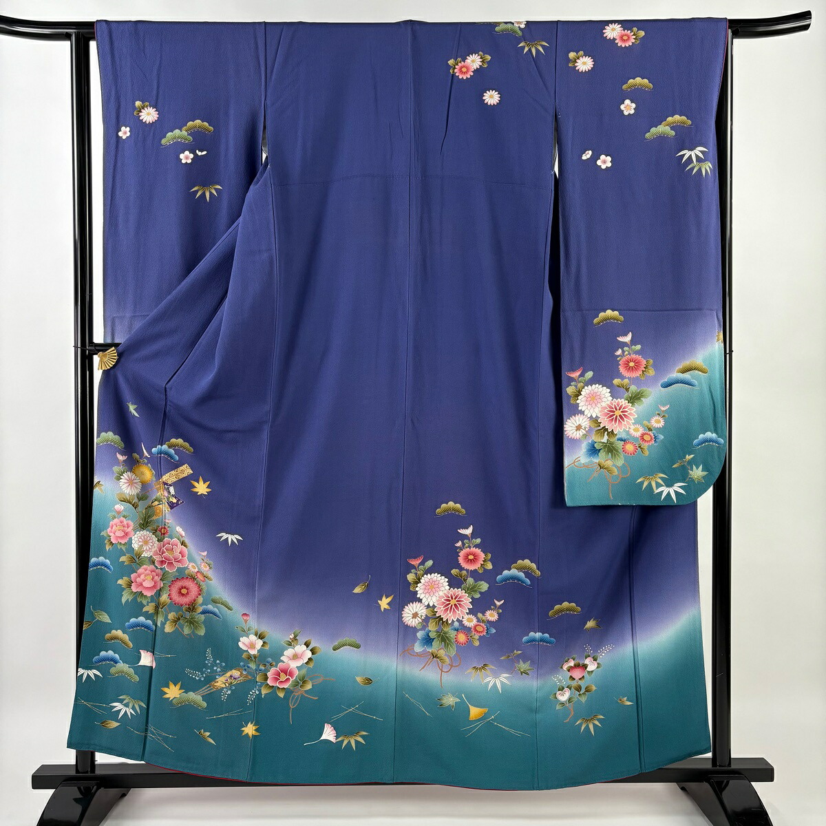 振袖 身丈160cm 裄丈64cm M 袷 扇 草花 金彩 ぼかし 青紫 正絹 秀品 【中古】