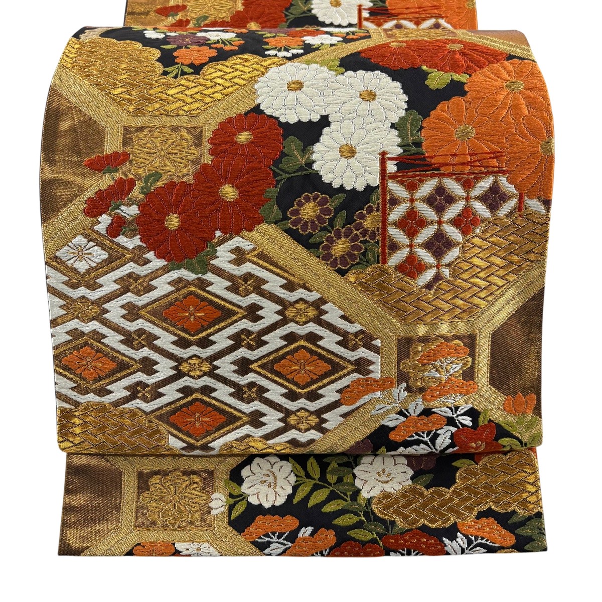 【美品】 袋帯 逸品 河合美術織物 落款あり 菊 蜀江文 金糸 唐織 黒 六通 正絹 【中古】