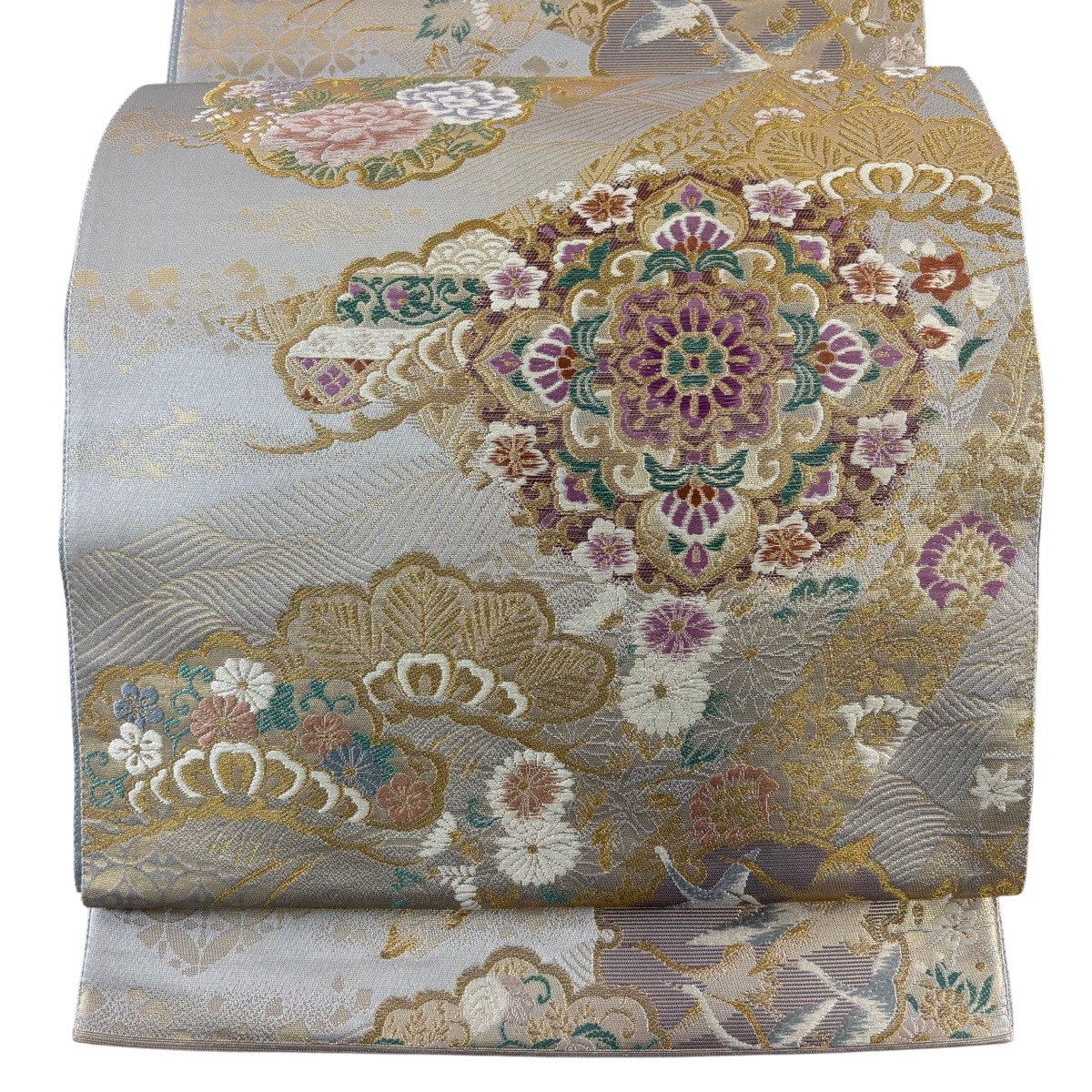 【美品】 袋帯 逸品 帝王紫 落款あり 華文 笠松 金糸 箔 灰色 六通 正絹 【中古】 msp30