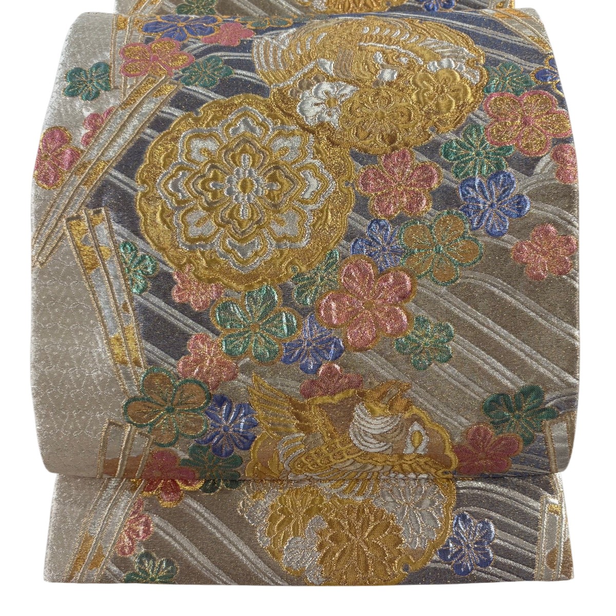 袋帯 秀品 雪輪 花鳥 金銀糸 箔 銀色 六通 正絹 【中古】