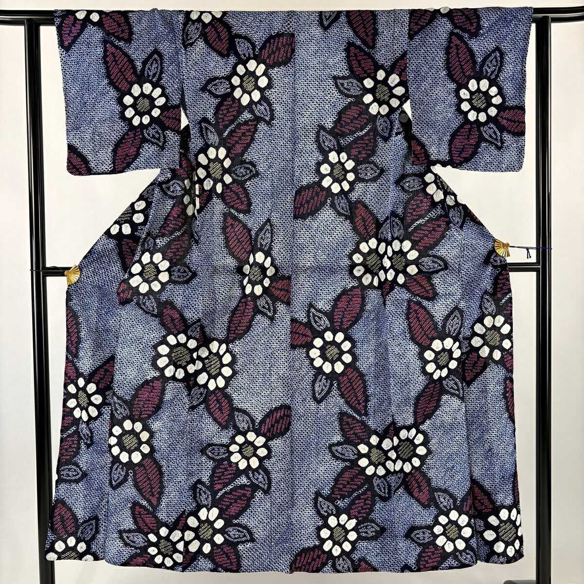 浴衣 身丈150cm 裄丈61cm S 絞り浴衣 草花 紺色 綿 名品 【中古】 msp50