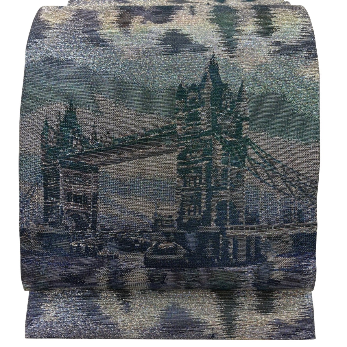 【美品】 袋帯 逸品 佐波理 落款あり リニューアル 橋 風景 箔 青緑 六通 正絹 【中古】