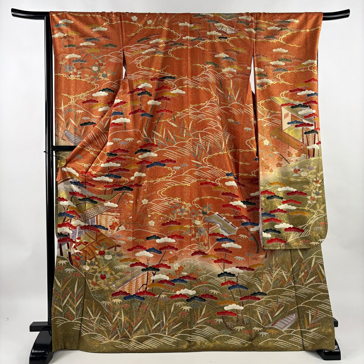 振袖 身丈172.5cm 裄丈68cm L 袷 建物 松竹梅 金糸 金彩 オレンジ 正絹 秀品 【中古】