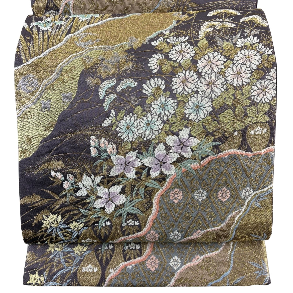 【美品】 袋帯 秀品 秋草 道長取 金銀糸 箔 灰紫 六通 正絹 【中古】